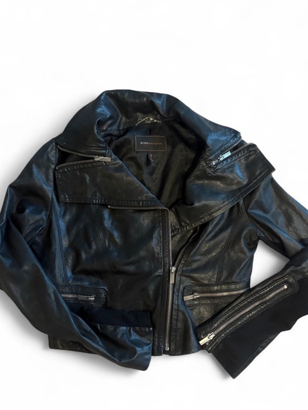 BCBGMaxAzria Black Leather Asymmetrical Moto Jacket
